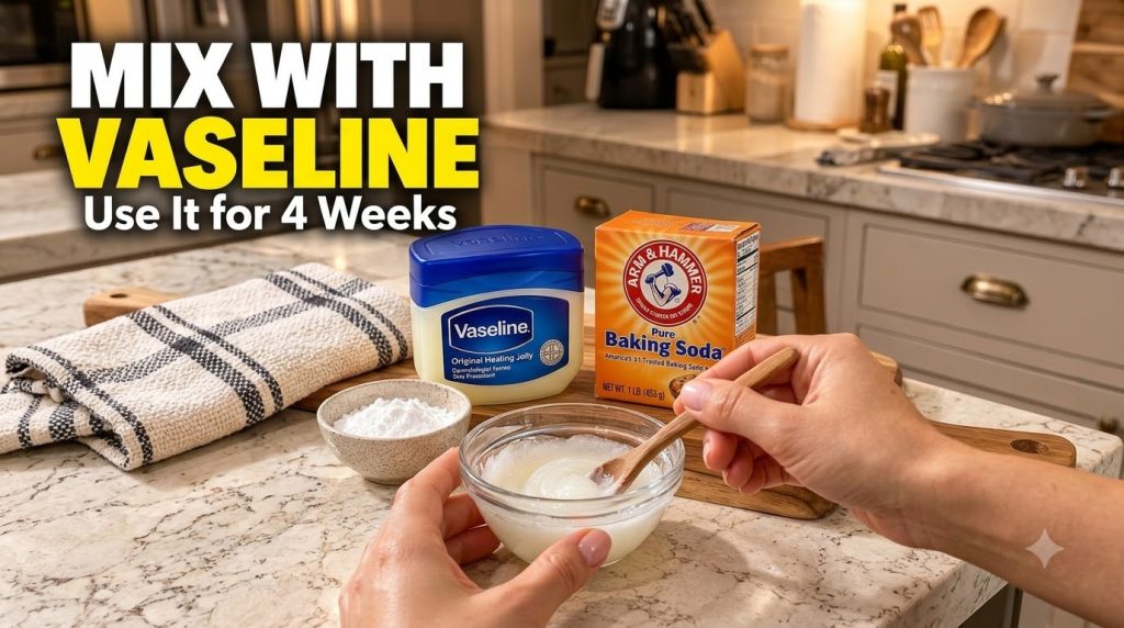 Hands mixing a white creamy paste of Vaseline and baking soda in a clear glass bowl with a wooden spoon