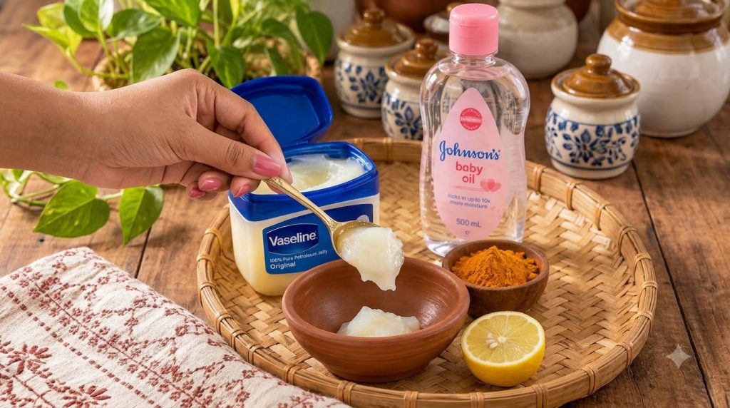 A hand holding a spoonful of Vaseline petroleum jelly over a small terracotta bowl In the background there s a large Vas