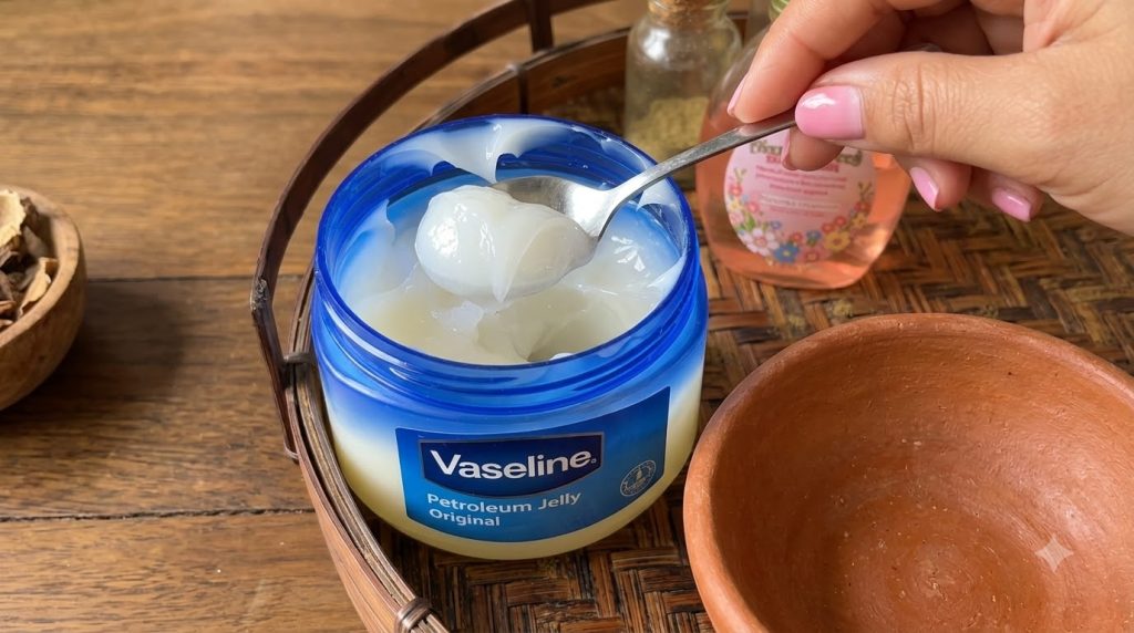 A close-up overhead shot of a blue jar of Vaseline Petroleum Jelly with a metallic spoon scooping into the white jelly A