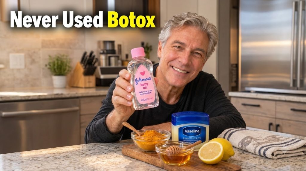 A smiling middle-aged man with grey hair holds a bottle of baby oil with turmeric powder honey Vaseline and lemon slices