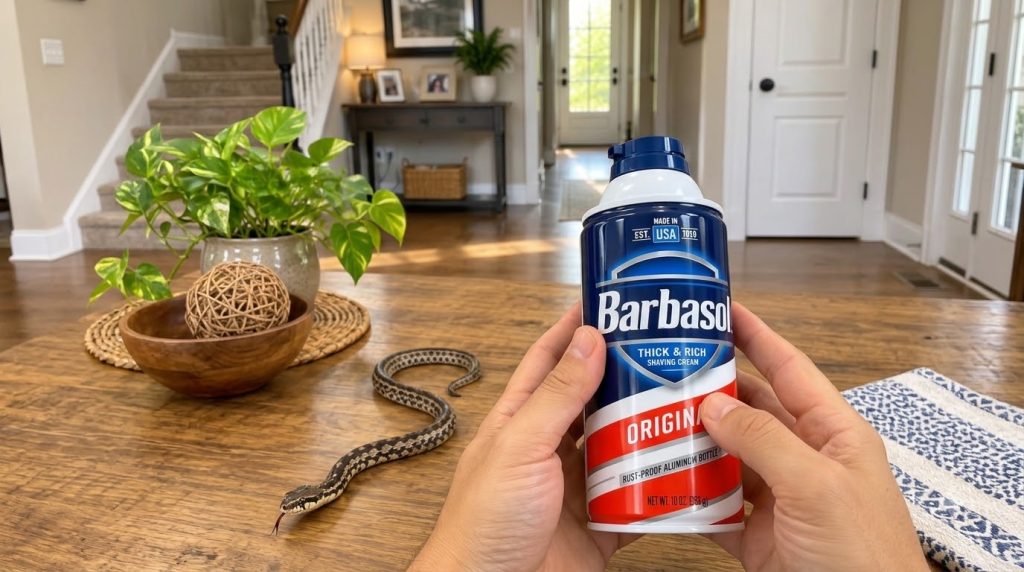 A pair of hands holding a Barbasol shaving cream can with a small garter snake coiled on a wooden table next to it A pot