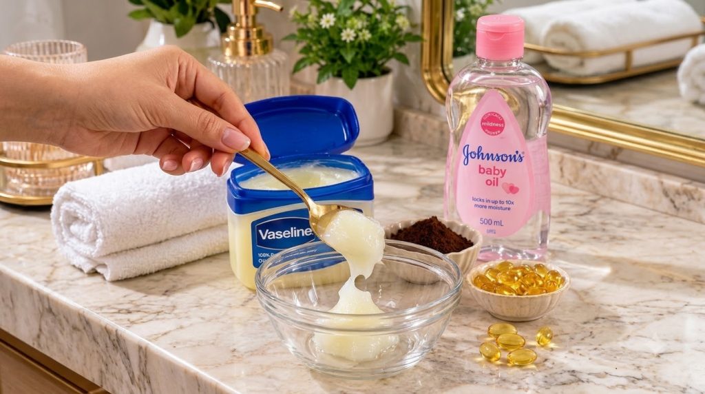 A close-up of a hand scooping Vaseline from a blue tub into a clear glass bowl with a bottle of Johnson s Baby Oil a bow