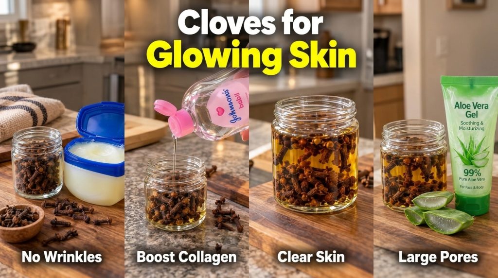 A four-panel grid showcasing various uses of cloves for skin care presented on a light wooden and marble-like surface Ea
