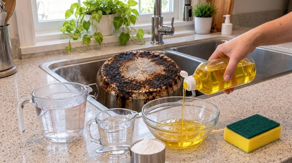 A kitchen counter setup for cleaning a heavily burnt pot upside down in a sink with steam A hand is pouring bright yello
