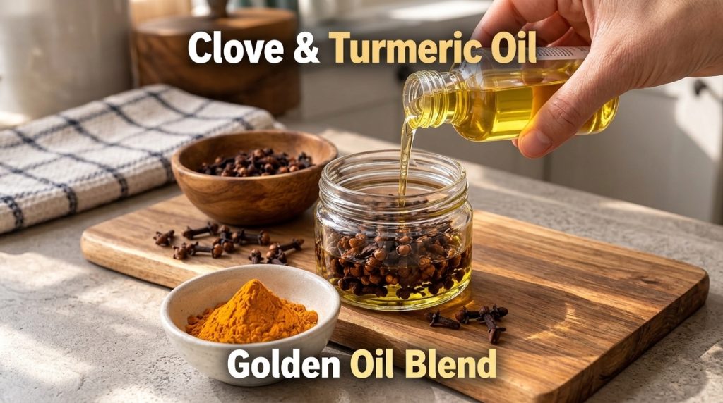 Close-up of golden oil being poured from a small glass bottle into a clear jar filled with whole cloves with a wooden bo