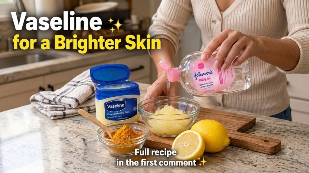 A close-up overhead view of ingredients for a homemade skin scrub on a kitchen counter A person s hands are actively pou