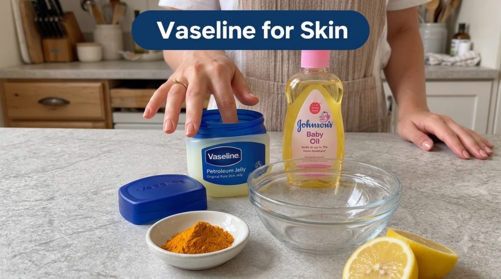 An overhead flat lay of ingredients for a DIY Vaseline and Turmeric mask A hand is dipping into a prominent jar of Vasel