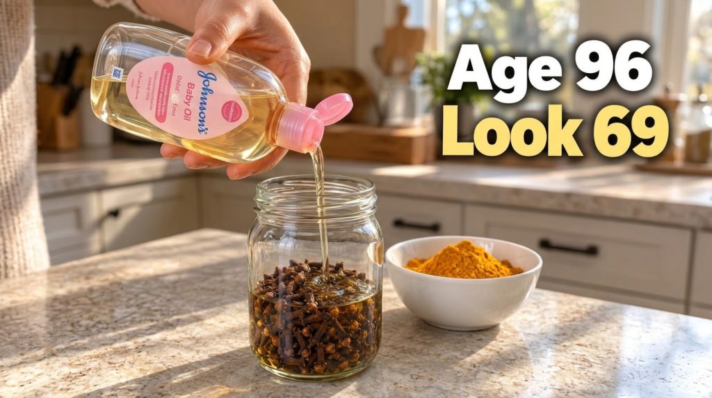 A close-up of a hand pouring baby oil into a glass jar filled with cloves on a light reflective countertop with a bowl o