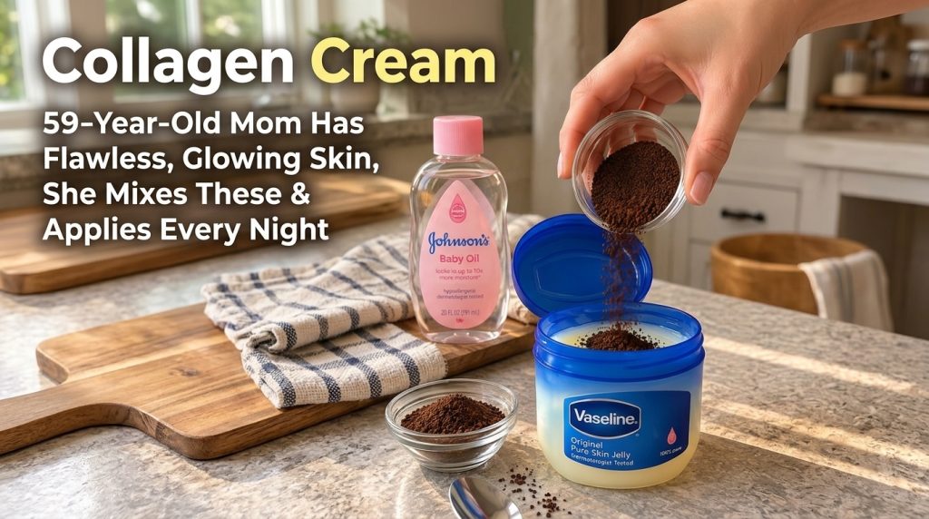 A hand pouring coffee grounds from a glass bowl into a jar of Vaseline with a bottle of baby oil and more coffee grounds
