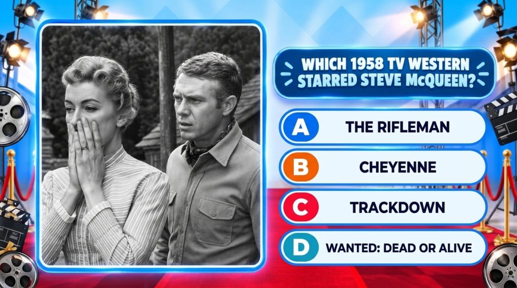 Black and white still of Steve McQueen looking intently to the side from a classic TV Western A woman is partially visib