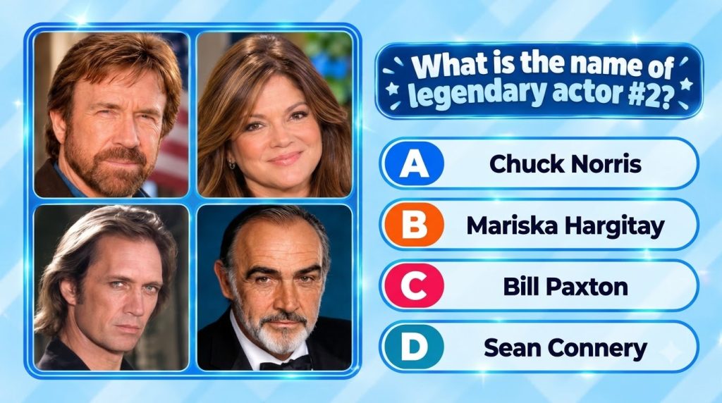 A mobile quiz interface showing four headshots of actors in a 2x2 grid Chuck Norris top left Mariska Hargitay top right 