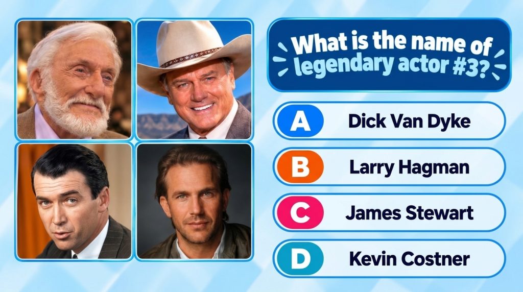 A quiz graphic with four headshots of classic male actors in a 2x2 grid asking What is the name of legendary actor 3 wit