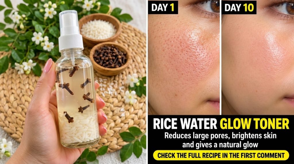 A split image showing a hand holding a jar of rice water and clove toner on the left surrounded by natural ingredients a