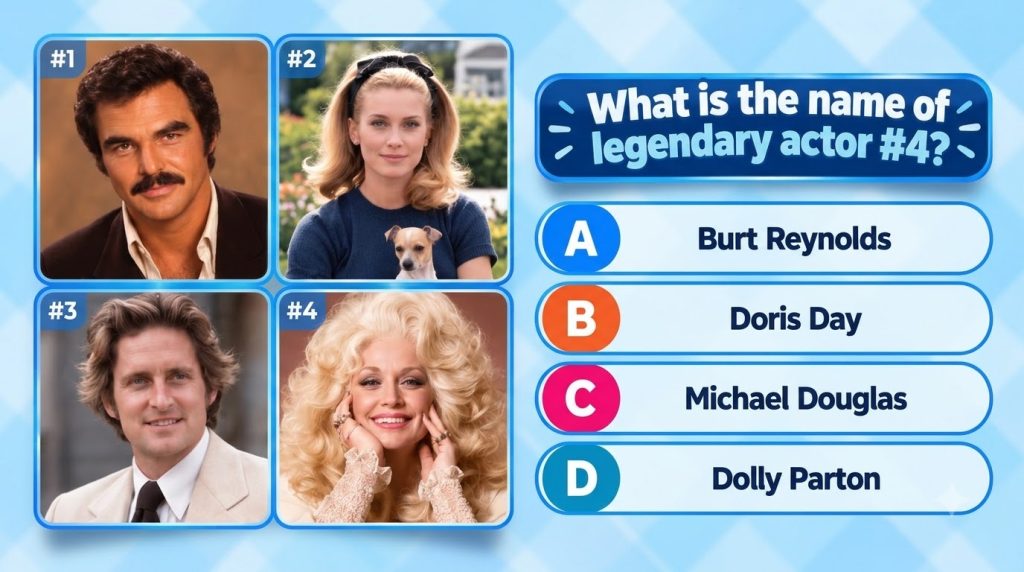 A mobile quiz game interface showing four classic celebrity portraits in a 2x2 grid with Dolly Parton in the bottom righ