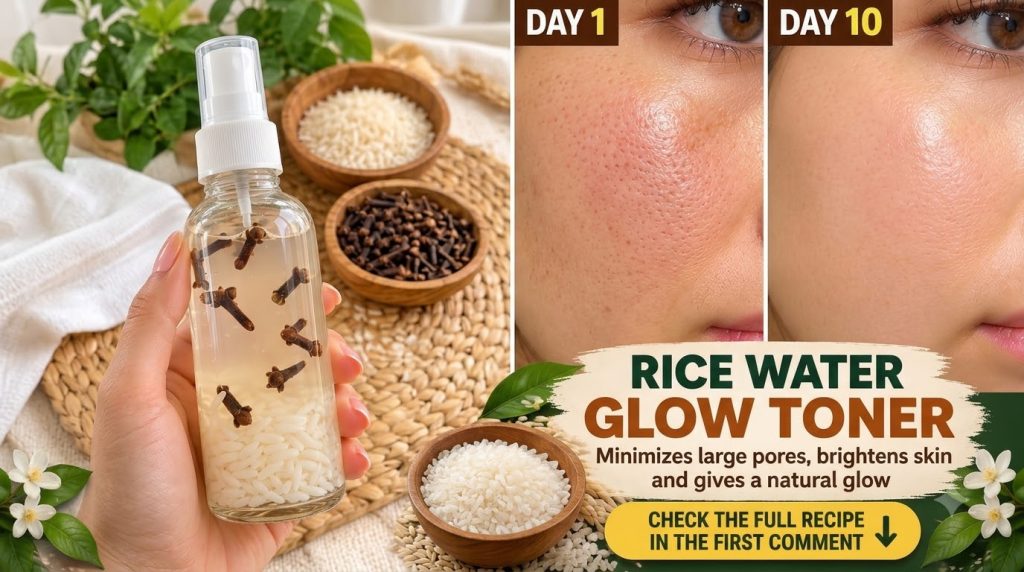 A vertical collage promoting a Rice Water Glow Toner with a hand holding a spray bottle containing liquid rice grains an