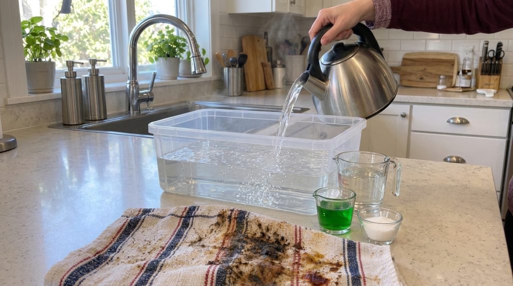 Una mano vertiendo agua caliente de una tetera en una tina de plástico transparente con una toalla manchada junto a un v