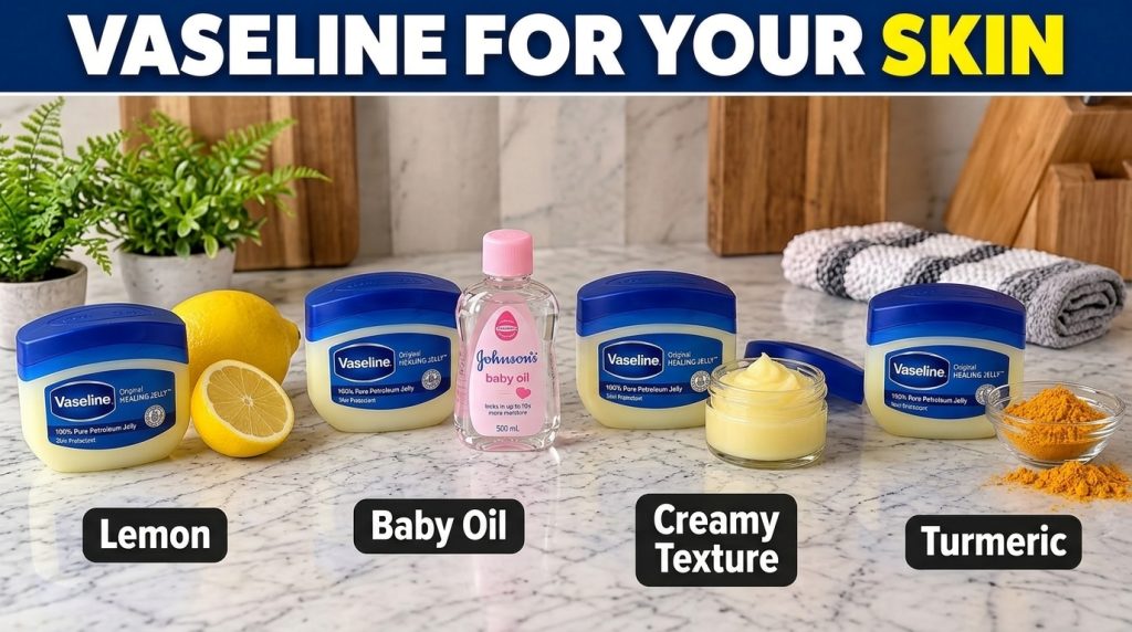 A four-panel collage showing a tub of Vaseline Original Healing Jelly with lemons baby oil a creamy texture and turmeric