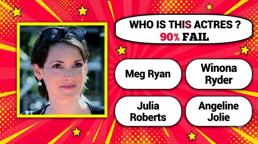 Pop-art quiz image of Winona Ryder with short dark hair sunglasses on her head and a pearl earring against a red and yel