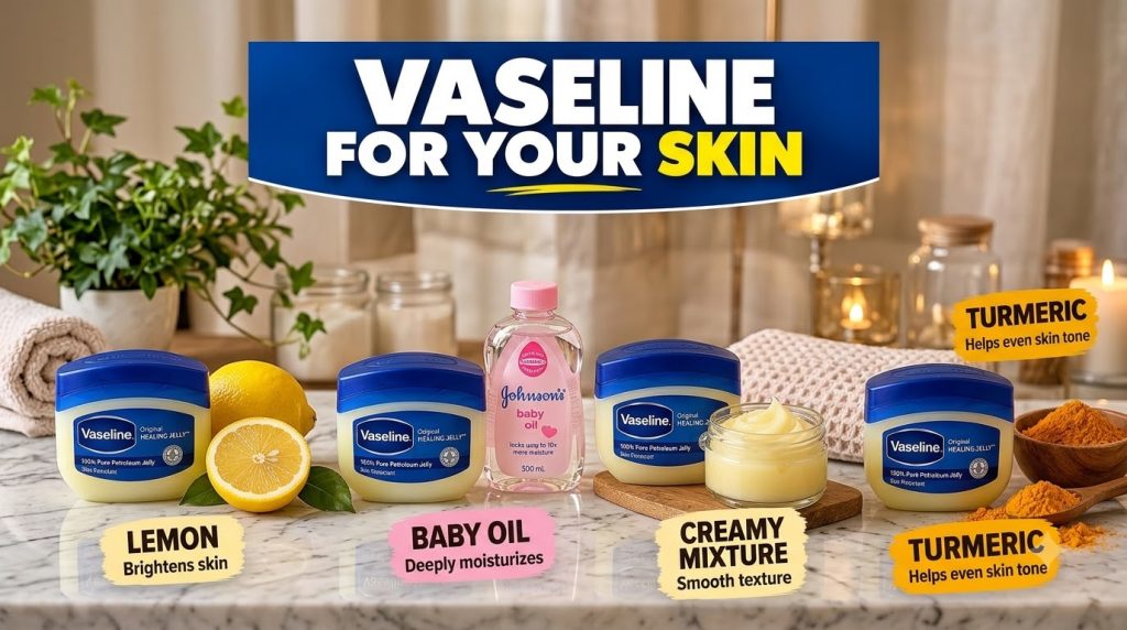 A vertical collage featuring four segments Each segment shows a tub of Vaseline Original Healing Jelly paired with a nat