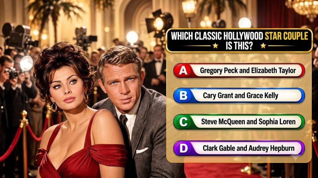Glamorous portrait of Steve McQueen and Sophia Loren posed as a classic Hollywood star couple against a backdrop of gold