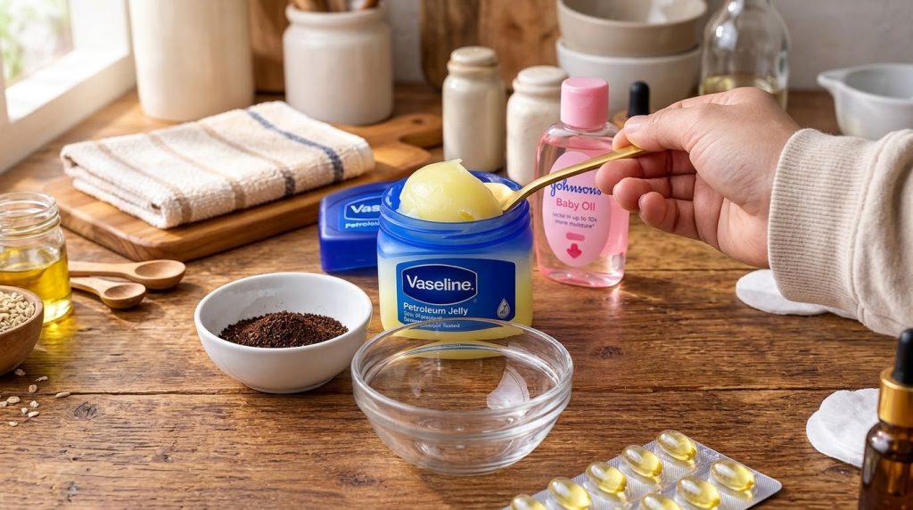 Various DIY beauty ingredients laid out on a rustic wooden surface including an open Vaseline tub with a spoon a sealed 