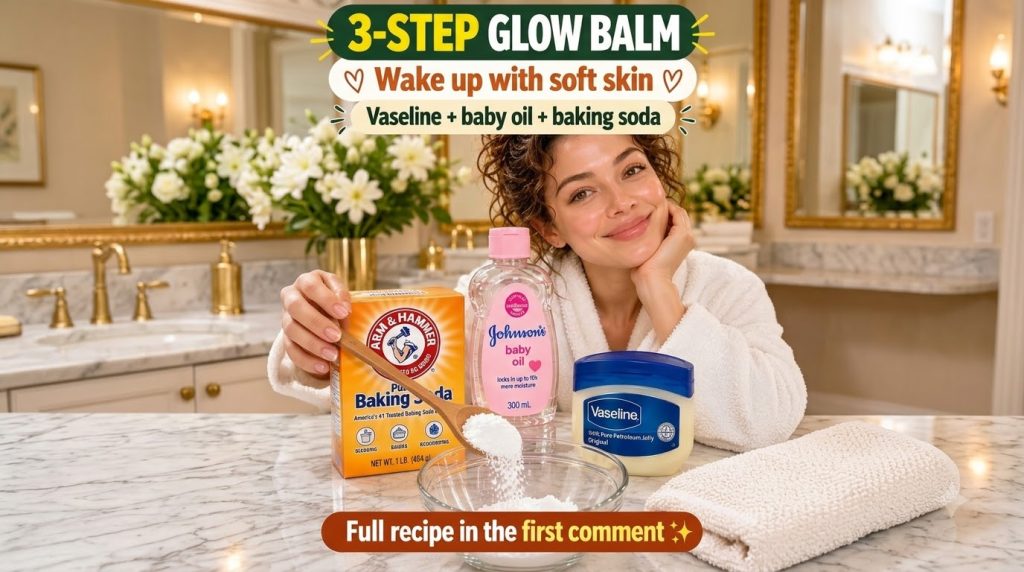 A smiling woman in a bathrobe with three beauty products Arm Hammer Baking Soda Johnson s Baby Oil and Vaseline arranged