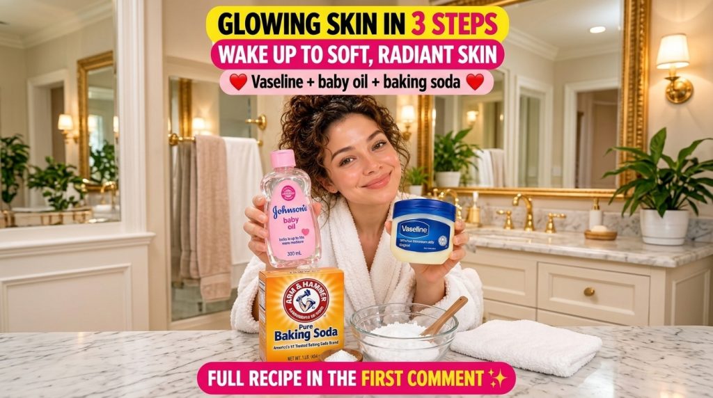 A smiling woman in a white bathrobe holding up a bottle of Johnson s baby oil and a jar of Vaseline with a box of Arm Ha