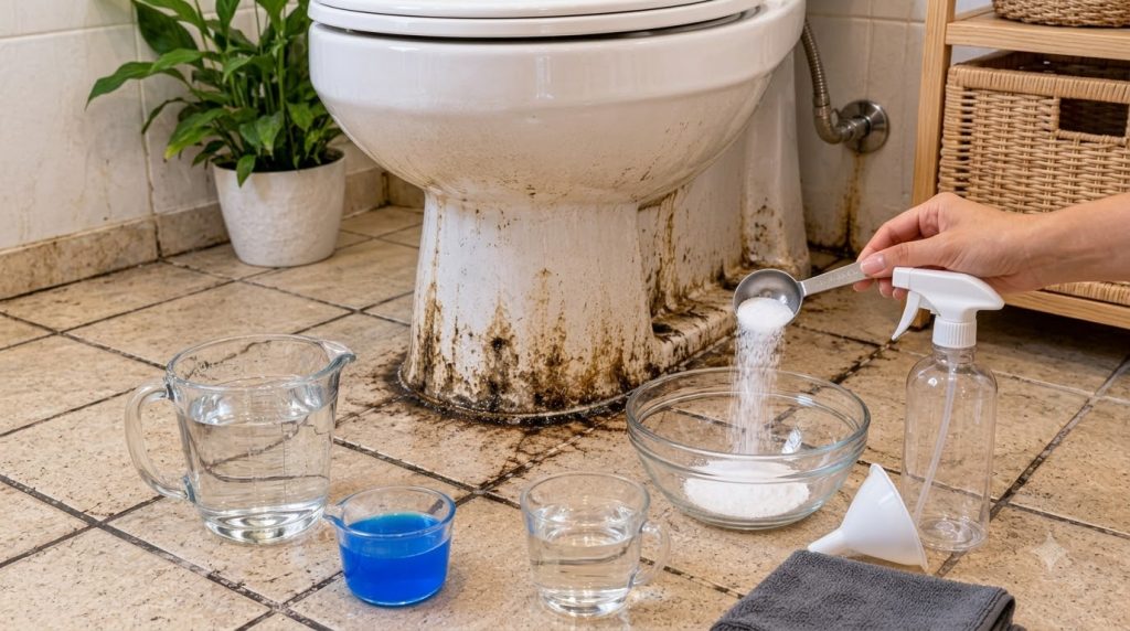 A severely unhygienic toilet and surrounding tiled floor covered in dark pervasive grime In the foreground cleaning supp