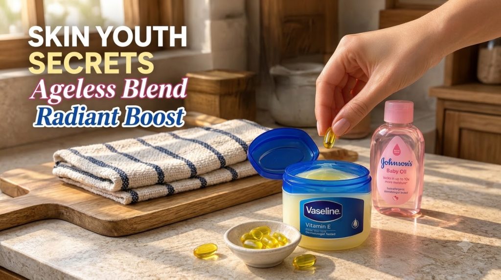 A hand holding a golden Vitamin E capsule over an open jar of Vaseline Vitamin E Petroleum Jelly with a pink bottle of J