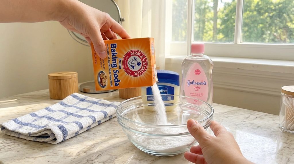 Hands pouring white baking soda from an orange box into a clear glass bowl on a marble countertop with a blue Vaseline j