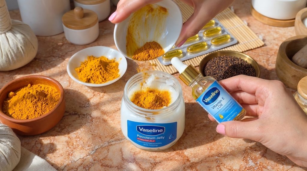 Hands mixing turmeric powder into Vaseline with a vitamin E dropper bottle nearby on a marble surface showing the homema