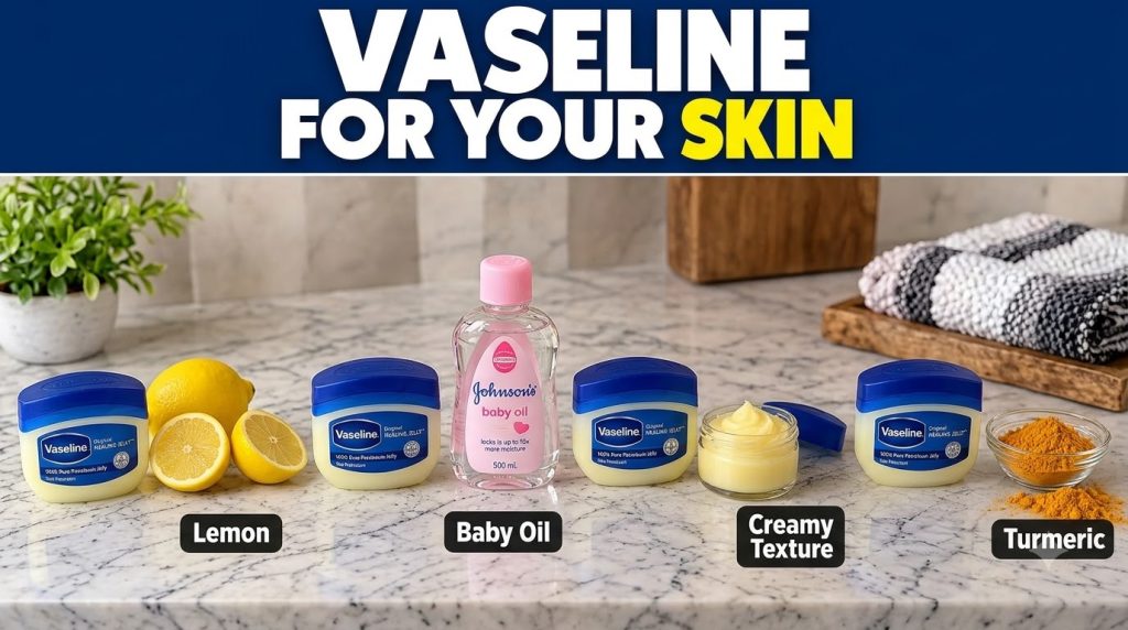 A vertical collage showcasing Vaseline Original Healing Jelly with various natural ingredients lemons baby oil and turme