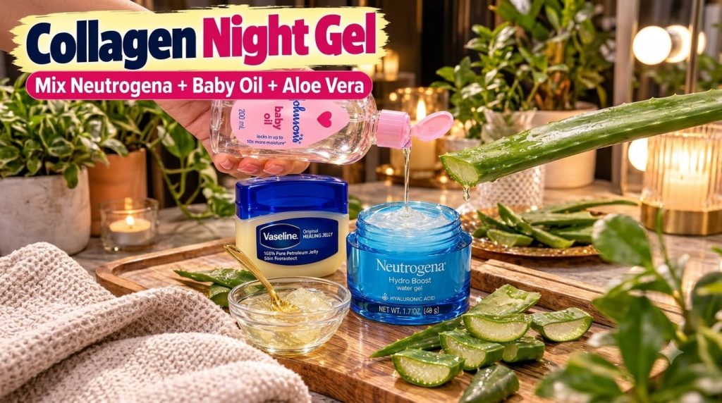 A hand pouring Johnson s Baby Oil into a jar of Neutrogena Hydro Boost water gel alongside a tub of Vaseline a bowl of a
