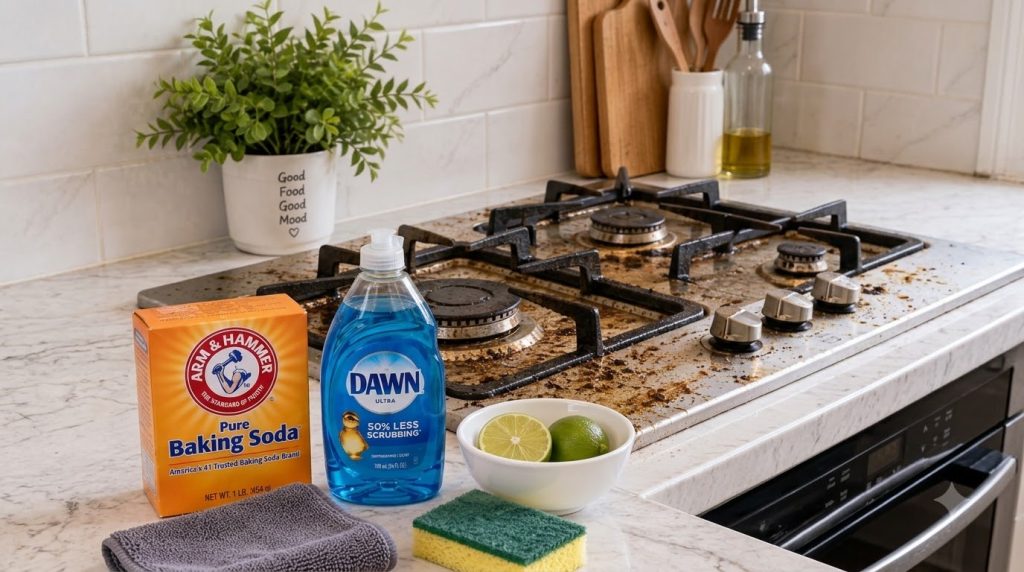 A severely dirty gas stovetop with a bottle of dish soap a box of baking soda a sponge a towel and a bowl of limes in th