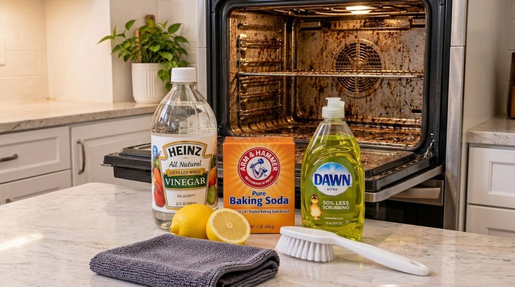 A very dirty open oven with natural cleaning supplies white vinegar baking soda dish soap lemons scrub brush microfiber 