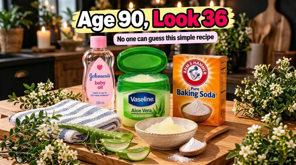 A still life composition showing bottles of Johnson s baby oil and Vaseline Aloe Vera jelly a box of Arm Hammer baking s