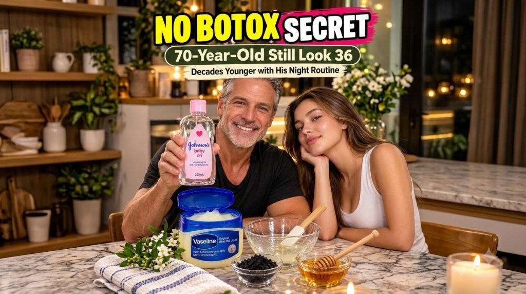 A smiling man holding a bottle of Johnson s baby oil standing next to a woman resting her chin on her hand with an open 