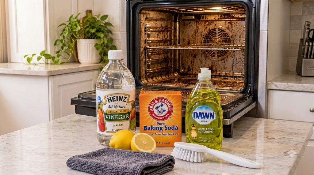 A severely dirty oven with its door open with natural cleaning ingredients like baking soda vinegar dish soap and lemons