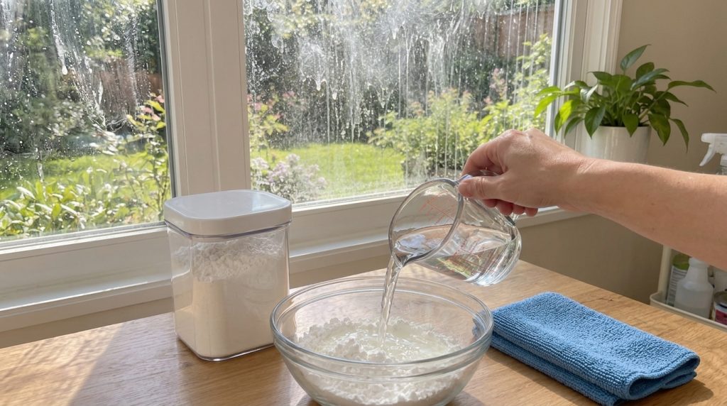 A hand pouring water from a glass measuring cup into a clear bowl containing white powder next to a container of powder 
