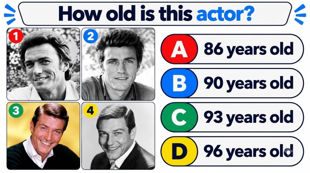 A multiple-choice quiz image featuring four portraits of classic Hollywood actors Top left younger Clint Eastwood Top ri