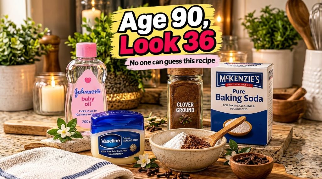 Various household products like Johnson s baby oil Vaseline McKenzie s Baking Soda and Clover Ground cloves arranged wit
