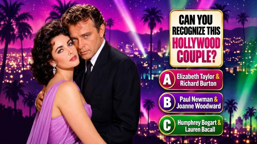 Elizabeth Taylor and Richard Burton embracing glamorously similar to the quiz image with a classic Hollywood night scene