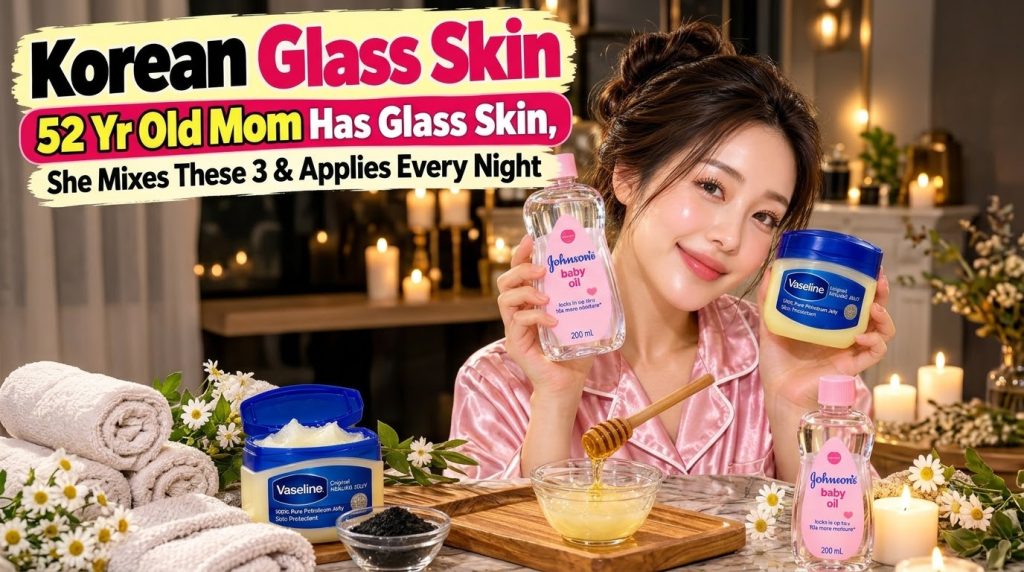 A young woman with radiant glass-like skin wearing pink pajamas holding up bottles of Johnson s baby oil and Vaseline Or