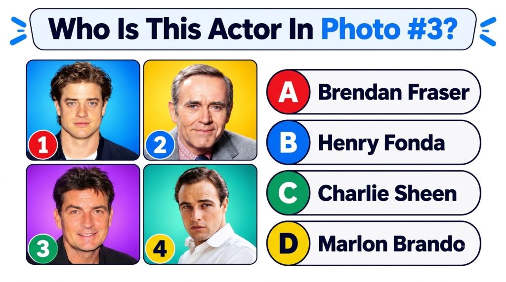 A multiple-choice quiz image showing four celebrity headshots Brendan Fraser an older gentleman Charlie Sheen and Marlon
