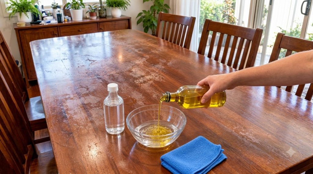 Una mesa de madera con manchas de agua y rayones junto a un recipiente con la mezcla de vinagre blanco y aceite de oliva