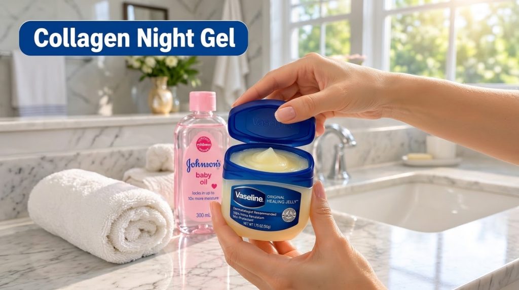 Hands holding an open jar of Vaseline Original Healing Jelly in a bright bathroom with a bottle of baby oil and a towel 