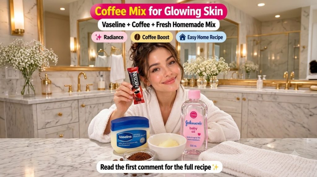 A smiling woman in a white bathrobe holding a coffee sachet with DIY beauty ingredients like Vaseline baby oil and coffe