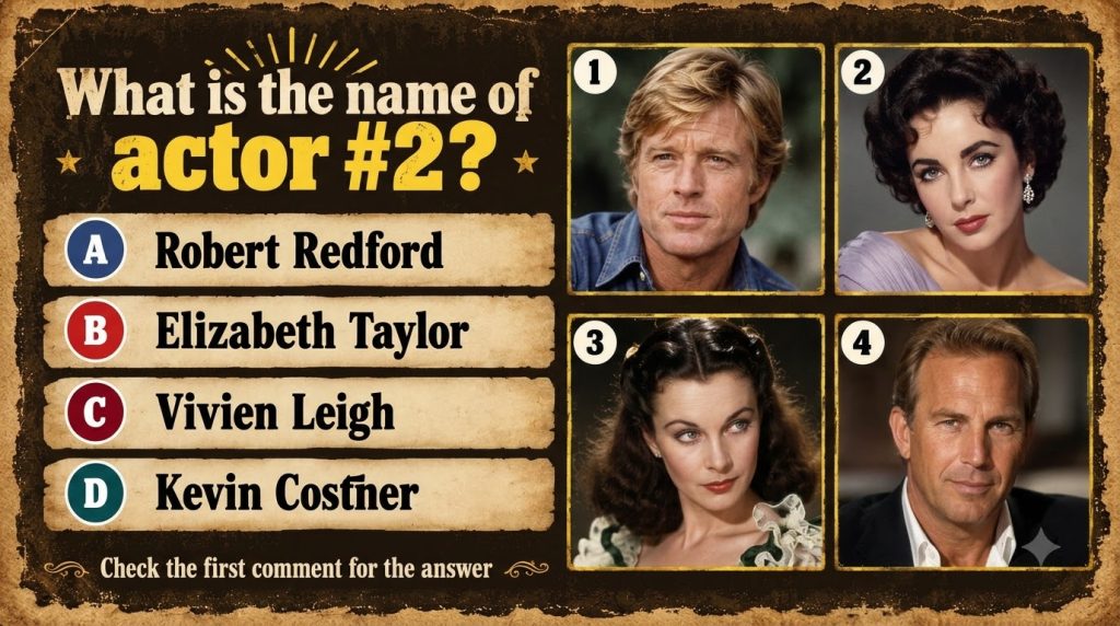 A vintage-style quiz card with a distressed wanted poster aesthetic featuring the question What is the name of actor 2 a