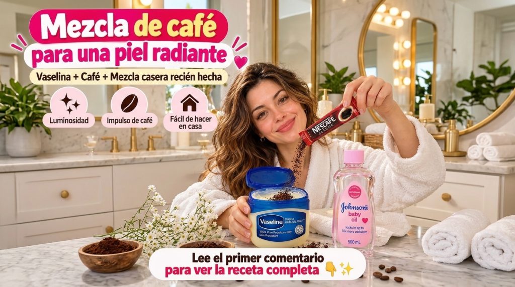 A smiling woman in a bright bathroom preparing a DIY beauty mix by pouring instant coffee grounds from a sachet into a j