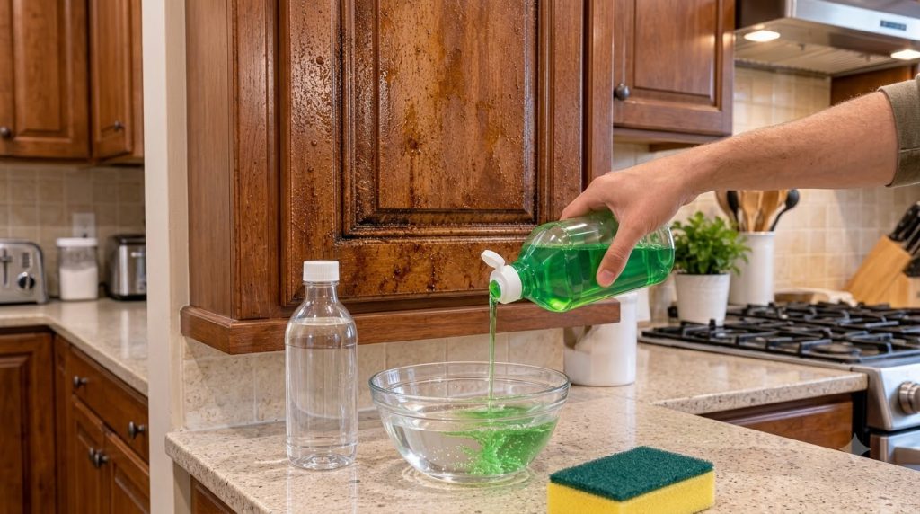 A person s hand pouring green dish soap into a glass bowl filled with warm water next to a bottle of clear liquid white 